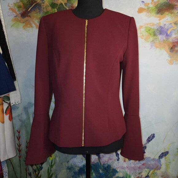 Calvin Klein Burgundy Bell Sleeve Blazer Jacket Gold Zipper Women's 8 - Picture 9 of 10